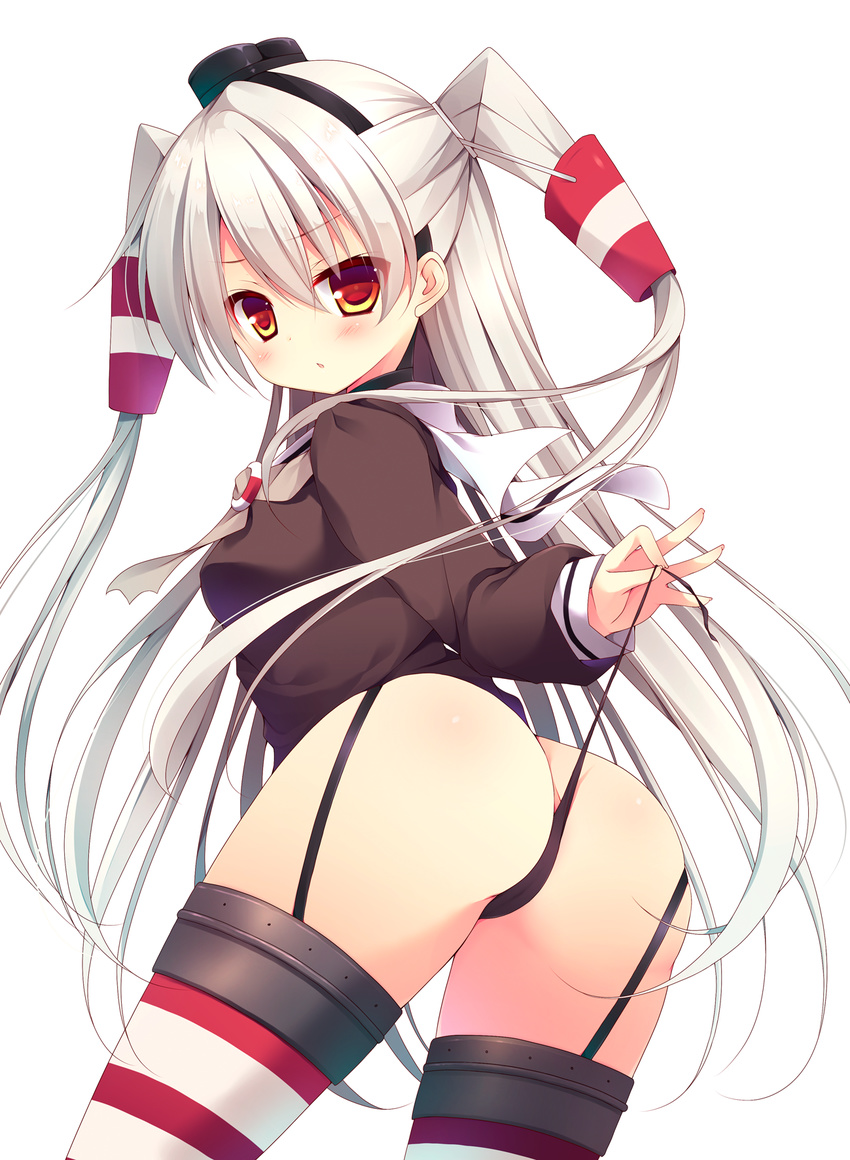 amatsukaze_(kantai_collection) ass blush garter_straps highres izumiyuhina kantai_collection long_hair panties red_eyes side-tie_panties silver_hair solo striped striped_legwear thighhighs thong two_side_up underwear untied untied_panties very_long_hair white_background