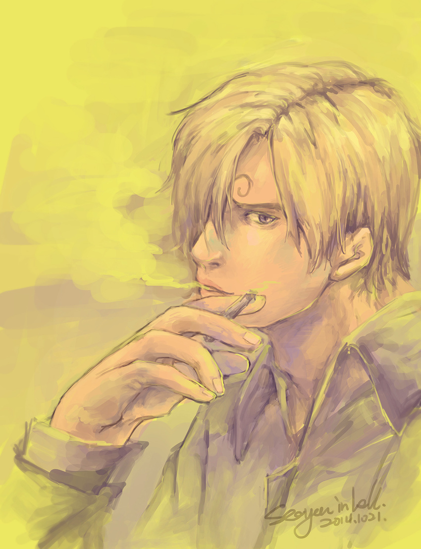 1boy 2014 blonde_hair cigarette hair_over_one_eye male male_focus one_piece profile rany sanji signature smoking solo