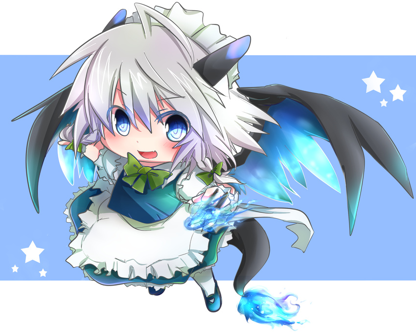 :d ahoge asyuaffw blue_eyes blue_fire blue_wings bow braid chibi dragon_horns dragon_tail dragon_wings fire hair_bow hair_ribbon highres holding horns izayoi_sakuya kemonomimi_mode knife looking_at_viewer maid maid_headdress mega_charizard_x open_mouth pokemon ribbon short_hair silver_hair sketch smile solo tail touhou twin_braids v-shaped_eyebrows wings