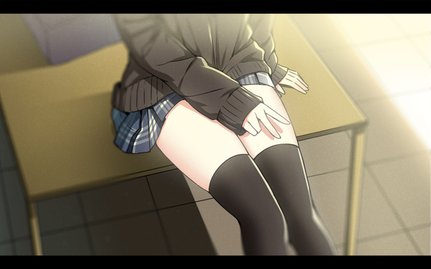 black_legwear blurry depth_of_field desk head_out_of_frame letterboxed on_desk original out_of_frame plaid plaid_skirt pleated_skirt school_desk school_uniform sitting sitting_on_desk sketch skirt sky_(freedom) solo sweater thighhighs v zettai_ryouiki