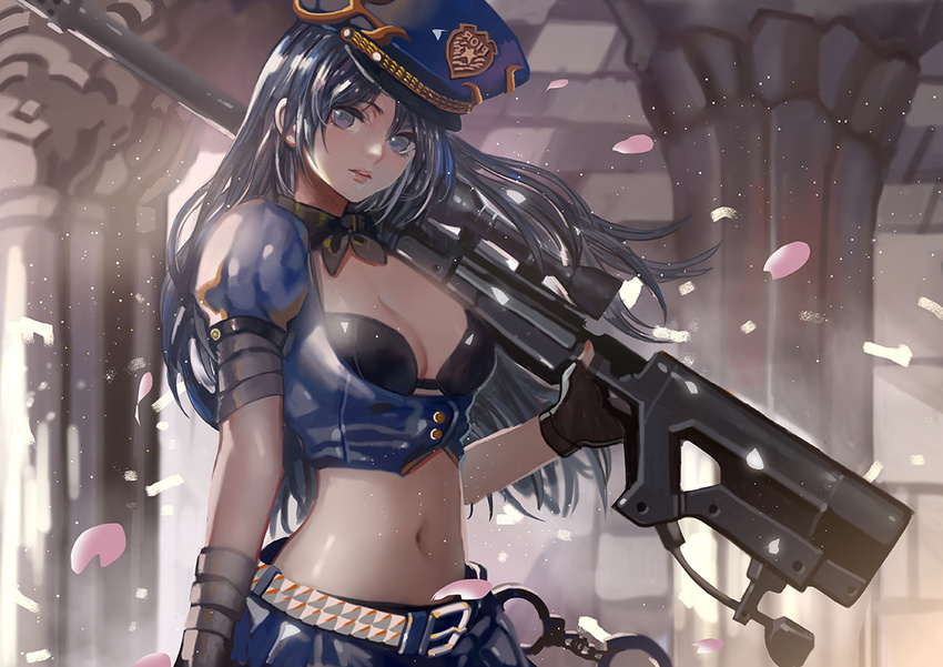 alternate_costume black_hair blue_eyes blue_skirt breasts caitlyn_(league_of_legends) cleavage cropped_jacket danann fingerless_gloves gloves gun hat indoors large_breasts league_of_legends lips long_hair looking_at_viewer midriff miniskirt officer_caitlyn over_shoulder petals pleated_skirt police police_hat police_uniform policewoman puffy_short_sleeves puffy_sleeves rifle short_sleeves skirt solo uniform weapon weapon_over_shoulder