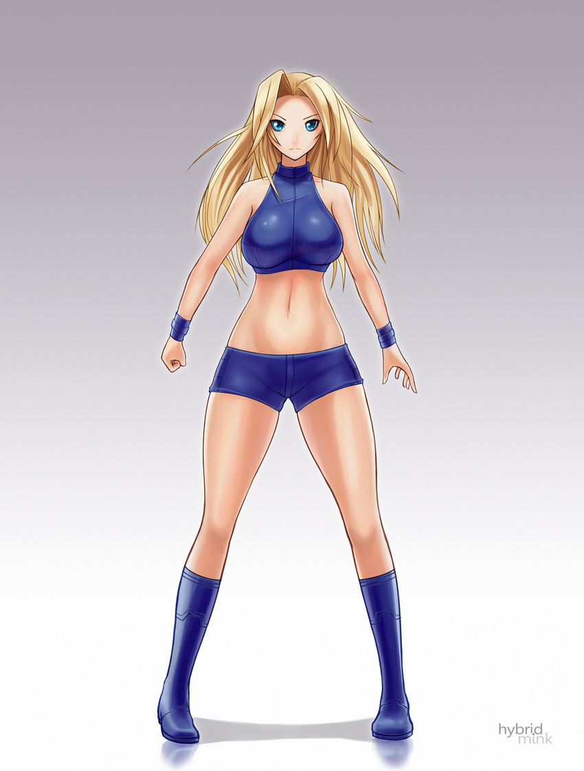 bike_shorts blonde_hair blue_eyes boots breasts clenched_hand full_body hair_down halter_top halterneck highres hybridmink knee_boots large_breasts long_hair metroid metroid_fusion midriff navel nintendo samus_aran solo standing wristband