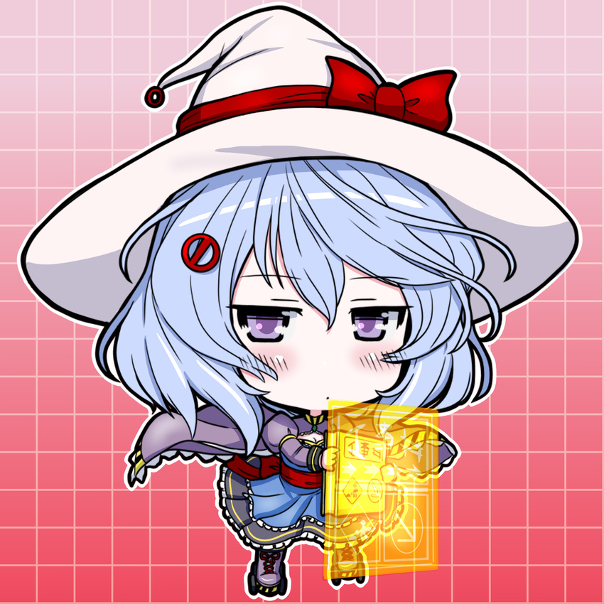 blue_dress blue_hair blush bow brooch capelet chibi choker construction_sign_(ole_tower) dress electric_sign_board_(ole_tower) eruru_(erl) gem hat hat_bow highres holographic_interface jewelry ole_tower red_background red_bow sash short_hair simple_background solo standing witch_hat