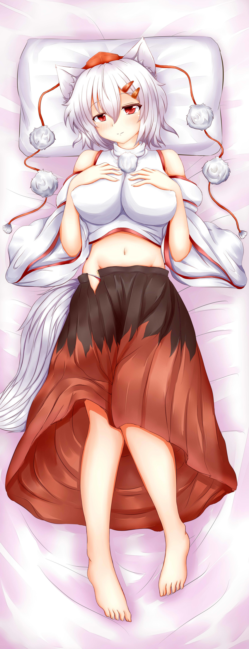 absurdres animal_ears banned_artist bare_legs bare_shoulders barefoot blush breasts detached_sleeves hat highres inubashiri_momiji large_breasts looking_at_viewer oohirakeisuke open_mouth pom_pom_(clothes) red_eyes short_hair silver_hair smile solo tail tokin_hat touhou wolf_ears wolf_tail