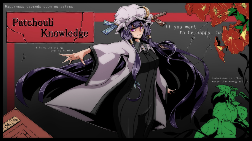 alternate_costume character_name english flower hair_ribbon hat highres long_hair looking_at_viewer mob_cap patchouli_knowledge potato_pot purple_eyes purple_hair ribbon solo touhou very_long_hair