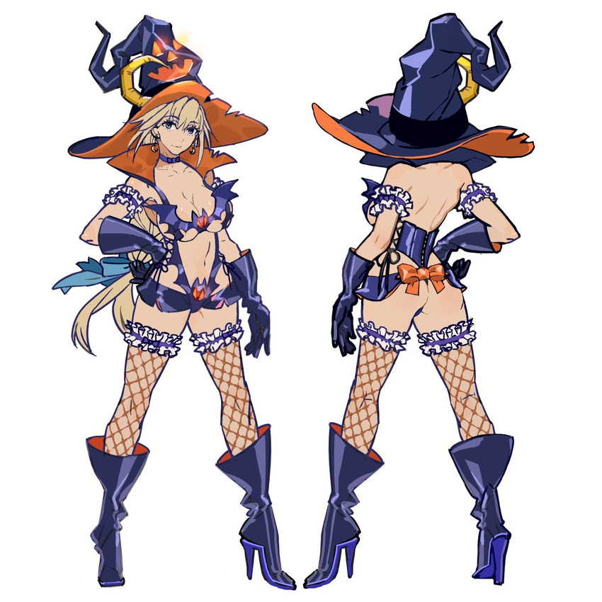 1girl blonde_hair blue_eyes boots breasts cleavage concept_art exposed_midriff gloves halloween hat high_heel_boots high_heels large_breasts long_hair looking_at_viewer official_art ribbon sideboob simple_background sophitia_alexandra soul_calibur underboob wada_aruko white_background