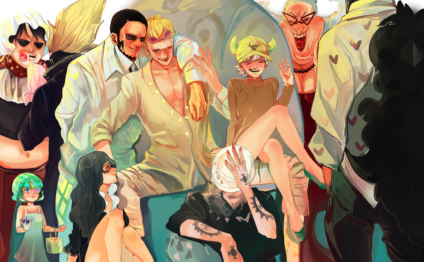 3girls 6+boys absurdres baby_5 basket birthday blonde_hair corazon dellinger donquixote_doflamingo donquixote_pirates donquixote_rocinante dress dressrosa gladius_(one_piece) goggles half_mask hat hat_over_eyes heart_print highres jora_(one_piece) machvise multiple_boys multiple_girls one_piece pacifier senor_pink sitting sugar_(one_piece) sunglasses tattoo time_paradox trafalgar_law vashua vergo