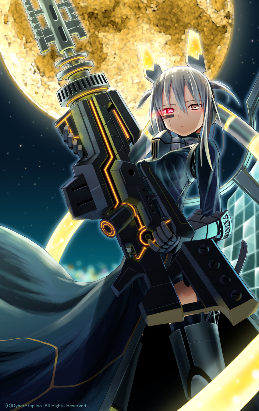 absurdres armor armored_boots boots cosmic_break dress gauntlets glowing glowing_eye grey_hair gun headgear highres looking_at_viewer moon morizo_cs night night_sky official_art red_eyes rifle rinka_lynx sky sniper sniper_rifle solo tattoo weapon