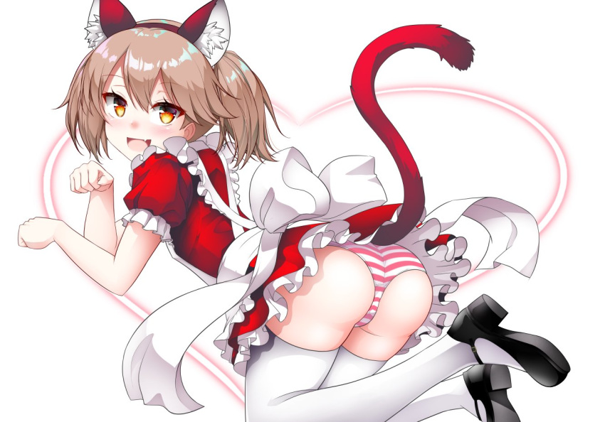 1girl animal_ears apron brown_hair cat_ears cat_tail commentary_request fake_animal_ears frills kantai_collection kirigakure_(kirigakure_tantei_jimusho) long_hair looking_at_viewer maid panties puffy_short_sleeves puffy_sleeves ryuujou_(kantai_collection) short_sleeves solo striped striped_panties tail thighhighs twintails underwear white_background white_legwear yellow_eyes