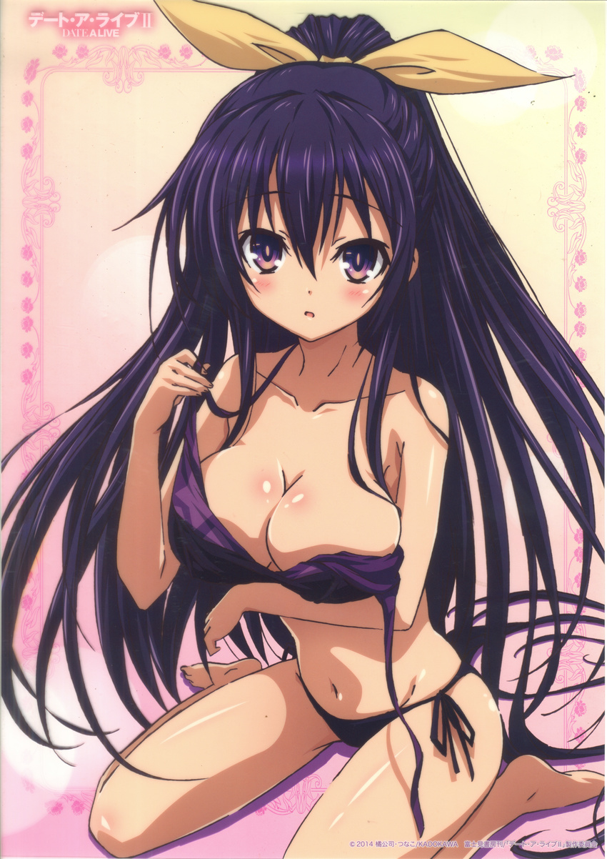 absurdres bad_id bad_yandere_id bikini bow breasts cleavage date_a_live highres huge_filesize large_breasts long_hair official_art ponytail purple_bikini purple_eyes purple_hair scan side-tie_bikini sitting swimsuit symbol-shaped_pupils wardrobe_malfunction wariza yatogami_tooka yellow_bow