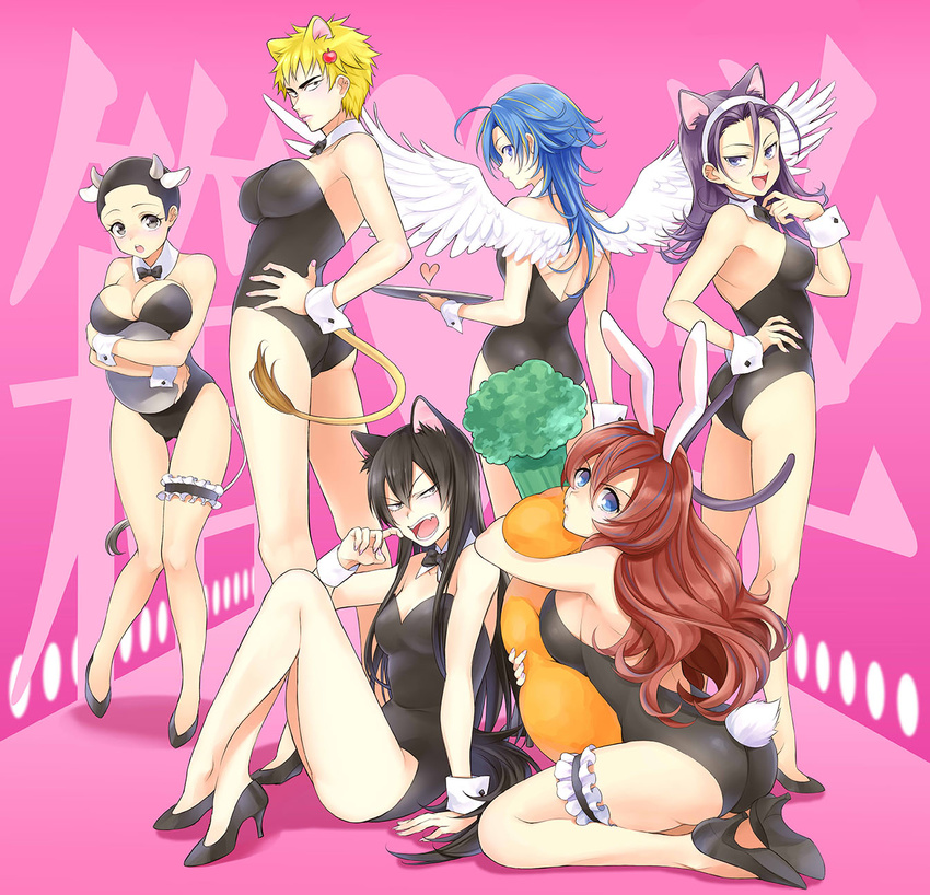 :d ahoge animal_ears annotated arakita_yasutomo black_hair blonde_hair blue_eyes blue_hair blush bodysuit bow bowtie breasts bunny_ears bunny_tail bunnysuit carrot cat_ears cat_tail cow_girl cow_horns cow_tail fake_animal_ears frills fukutomi_juichi full_body genderswap genderswap_(mtf) hands_on_hips heart high_heels highres horns izumida_touichirou kisaragi_mizu kittysuit large_breasts leotard long_hair manami_sangaku multicolored_hair multiple_girls object_hug open_mouth pink_background purple_hair red_hair shinkai_hayato short_hair simple_background smile standing stuffed_carrot stuffed_toy tail teeth thigh_strap tomboy toudou_jinpachi tray twisted_torso v-shaped_eyebrows wings wrist_cuffs yowamushi_pedal