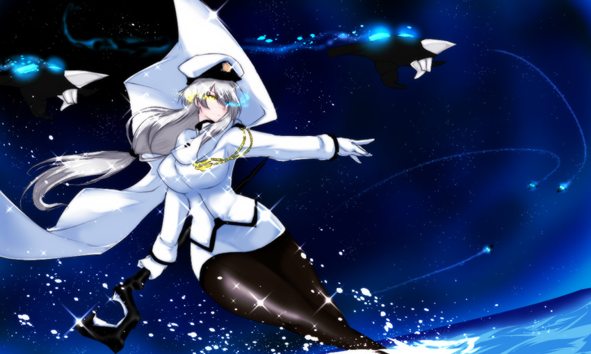 admiral_(kantai_collection) admiral_(kantai_collection)_(cosplay) blue_eyes breasts cape cosplay enemy_aircraft_(kantai_collection) gloves glowing glowing_eyes hat heterochromia kantai_collection karakure_(kamo-nanban) large_breasts long_hair low-tied_long_hair military military_uniform miniskirt pale_skin pantyhose pencil_skirt shinkaisei-kan silver_hair skirt uniform water wo-class_aircraft_carrier yellow_eyes