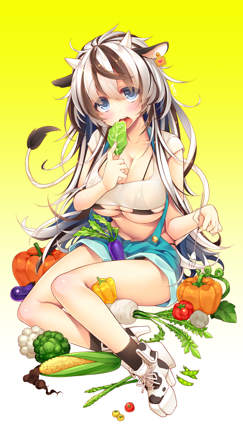 animal_ears animal_print bikini_top black_hair blue_eyes blush breasts cleavage corn cow_ears cow_girl cow_horns cow_print cow_tail crop_top ear_tag eating eggplant food giuniu highres horns large_breasts lettuce long_hair multicolored_hair navel open_mouth original overalls pepper see-through silver_hair sitting solo tail tomato two-tone_hair vegetable