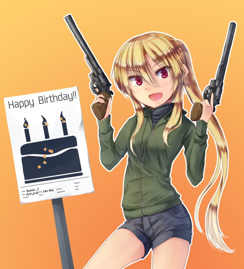 birthday_cake blonde_hair bullet_hole cake denim denim_shorts dreadtie dual_wielding fang food gun happy_birthday highres holding hood hoodie jessica_jefferson long_hair original ponytail red_eyes s&amp;w_m29 shorts sidelocks sign solo turtleneck very_long_hair weapon