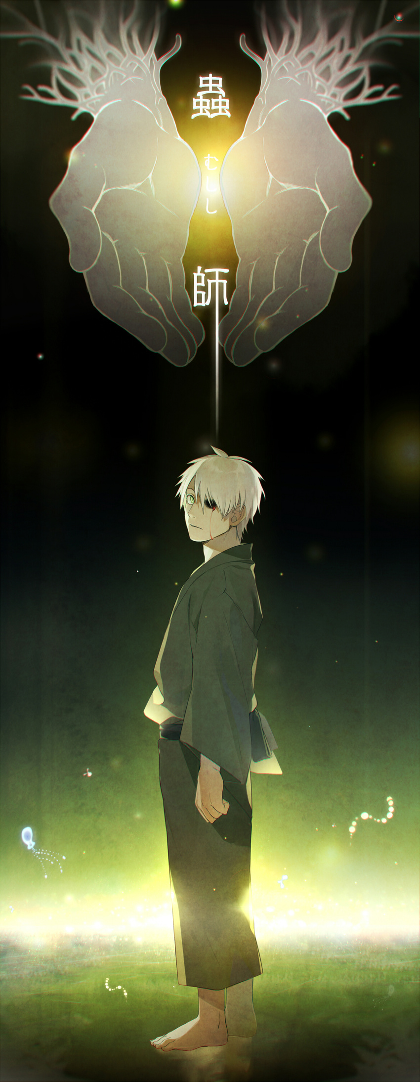 absurdres blood ginko green_eyes highres japanese_clothes male_focus mushishi shirotaka_(5choume) solo white_hair younger