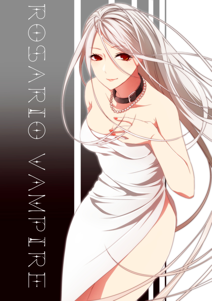 absurdres akashiya_moka bare_shoulders breasts choker cleavage copyright_name dress highres inner_moka jewelry long_hair looking_at_viewer medium_breasts nail_polish necklace pearl_necklace red_eyes rosario+vampire sakiryo_kanna side_slit silver_hair smile solo strapless strapless_dress very_long_hair white_dress