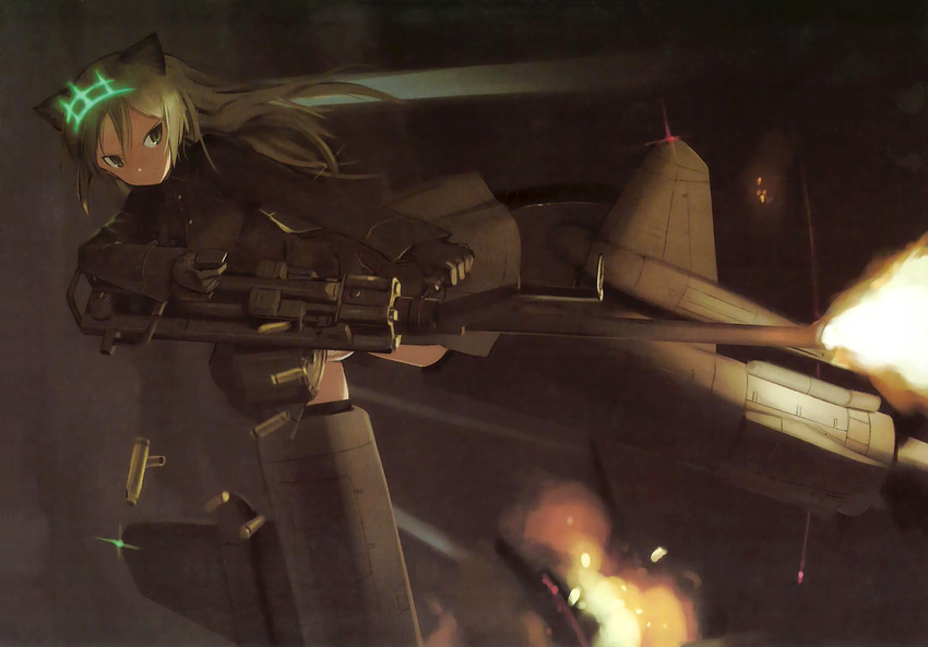 animal_ears antiaircraft_weapon black_gloves blonde_hair cat_ears cat_tail dutch_angle gloves green_eyes heinrike_prinzessin_zu_sayn-wittgenstein highres hirschgeweih_antennas long_hair neuroi noble_witches panties scan shell_casing shimada_fumikane solo striker_unit tail underwear white_panties world_witches_series