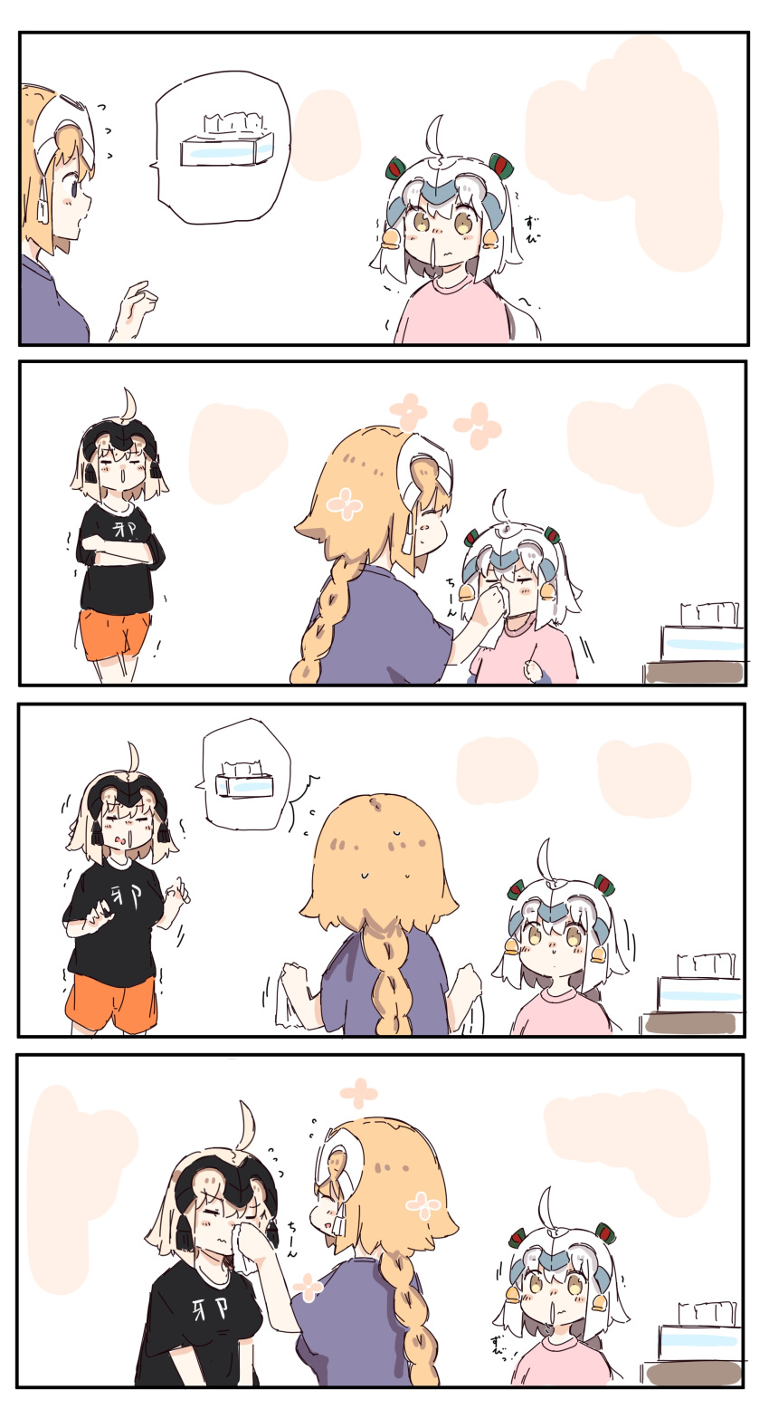 3girls 4koma ^_^ absurdres ahoge black_shirt blonde_hair blush_stickers bow braid brown_eyes closed_eyes closed_mouth comic crossed_arms eyes_closed fate/grand_order fate_(series) flying_sweatdrops green_bow hair_bow highres jeanne_d'arc_(alter)_(fate) jeanne_d'arc_(fate) jeanne_d'arc_(fate)_(all) jeanne_d'arc_alter_santa_lily light_brown_hair long_hair long_sleeves multiple_girls orange_shorts parted_lips pink_shirt profile purple_eyes purple_shirt ranf shirt short_over_long_sleeves short_shorts short_sleeves shorts silent_comic single_braid snot spoken_object striped striped_bow tissue_box translation_request very_long_hair wavy_mouth white_hair