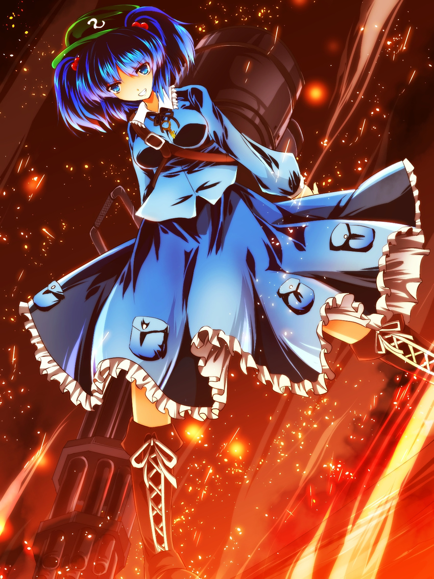 belt blue_eyes blue_hair boots breasts brown_footwear cross-laced_footwear fire flame frilled_skirt frills gatling_gun grin gun hair_bobbles hair_ornament hat highres kawashiro_nitori key lace-up_boots large_breasts long_sleeves nekominase open_mouth pocket shirt short_hair skirt skirt_set smile solo sparks touhou two_side_up weapon