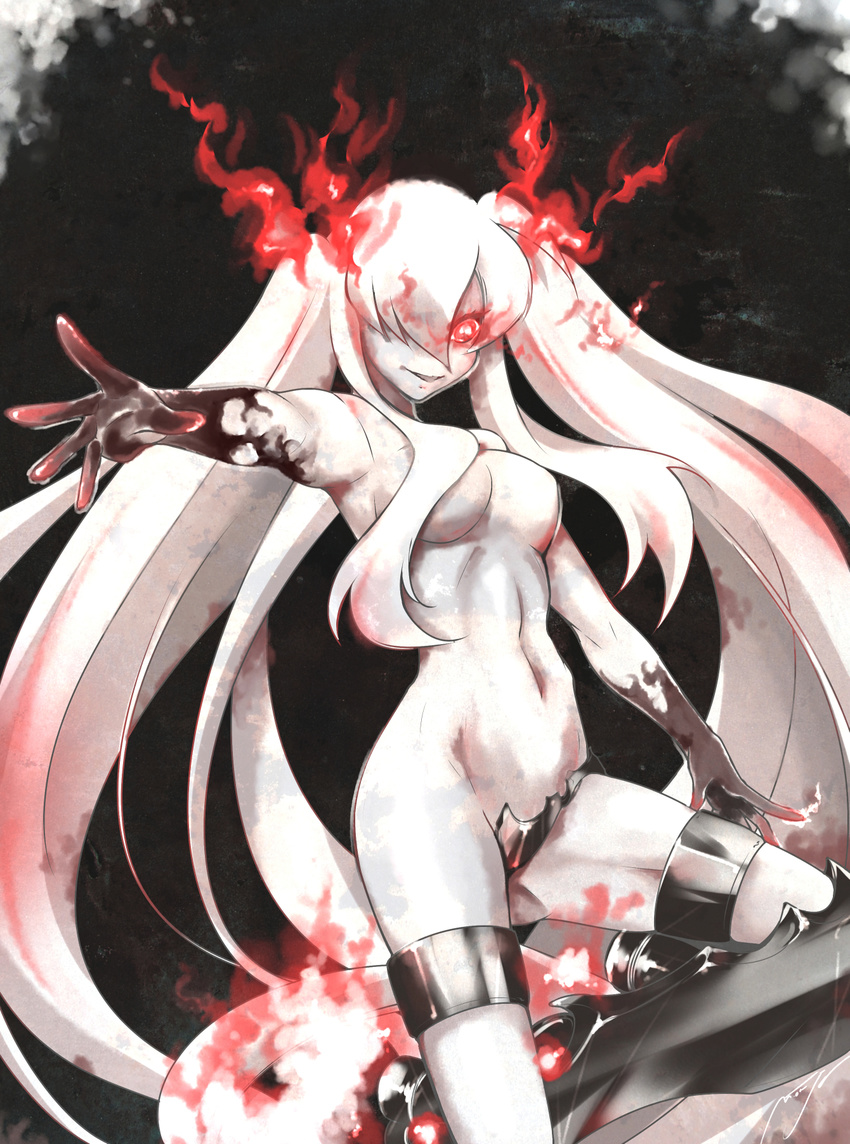 breasts crotch_plate glowing glowing_eyes hair_over_one_eye highres kantai_collection large_breasts long_hair onaya_masakazu pale_skin red_eyes shinkaisei-kan solo southern_ocean_war_hime topless twintails very_long_hair white_hair