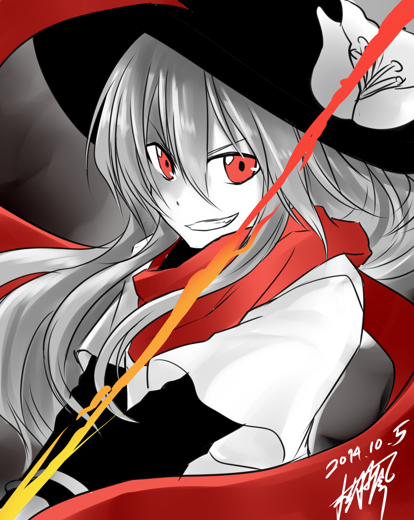 absurdres bow dated flower grin hat hat_flower highres hinanawi_tenshi judo_fuu long_hair monochrome red_eyes scarf signature sketch smile solo spot_color touhou