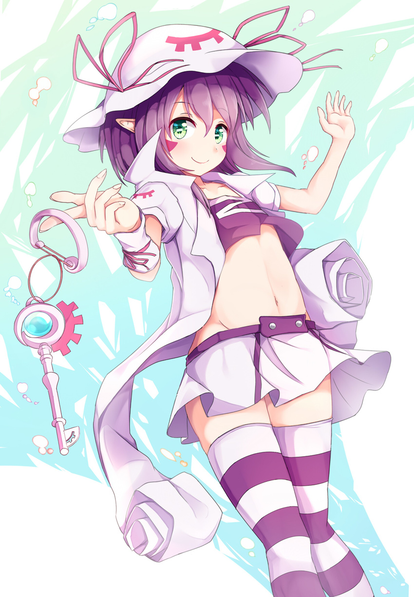 facial_mark green_eyes hat highres igakusei key looking_at_viewer merry_nightmare mob_cap navel pointy_ears purple_hair short_hair smile solo striped striped_legwear thighhighs yumekui_merry zettai_ryouiki