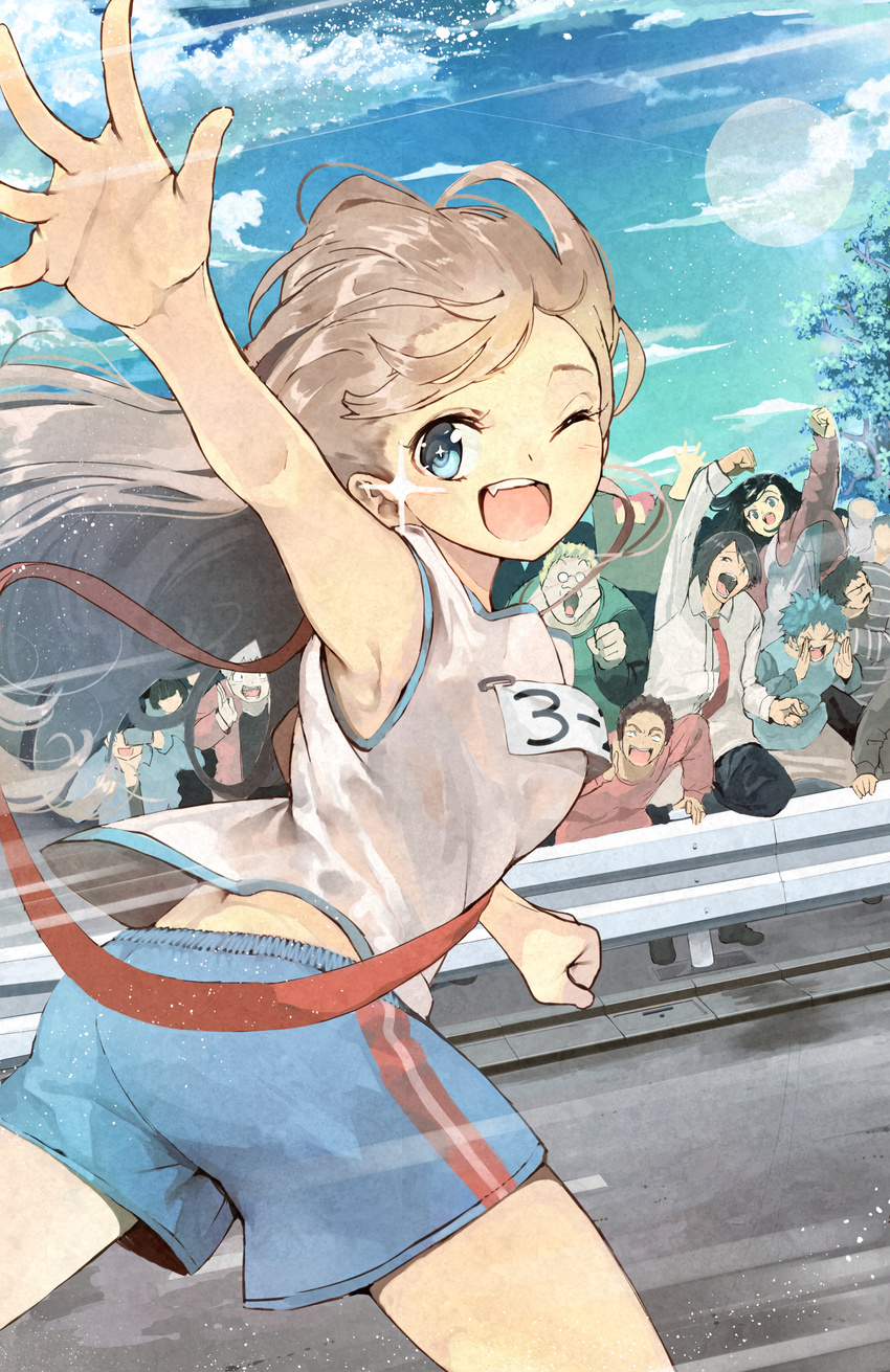 6+boys ;d armpits blue_eyes brown_hair cheering cloud crowd day eyelashes fang furukawa_itsuse gym_uniform hands highres long_hair looking_at_viewer looking_back midriff multiple_boys multiple_girls one_eye_closed open_mouth original outdoors outstretched_arm road running shorts sky smile solo_focus sparkle tank_top track_and_field waving