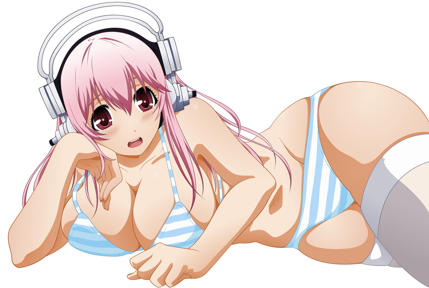 absurdres blush bra breasts cleavage hand_on_own_cheek headphones highres large_breasts long_hair looking_at_viewer lying navel nitroplus on_side open_mouth panties pink_hair red_eyes skindentation solo soniani striped striped_bra striped_panties super_sonico tamura_masafumi thighhighs transparent_background underwear underwear_only vector_trace