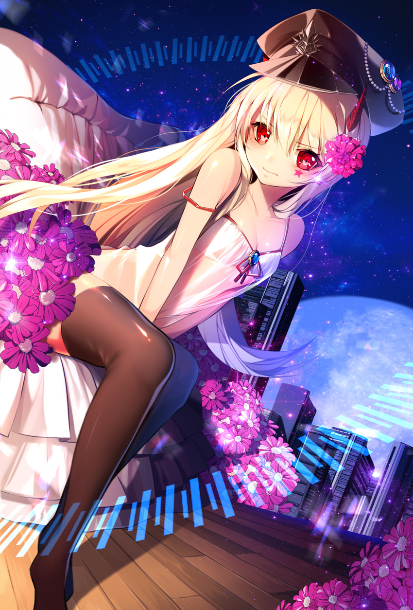 bad_id bad_pixiv_id bare_arms black_legwear blonde_hair blush building city dress flower hat highres jewelry long_hair looking_at_viewer moon off_shoulder original peaked_cap red_eyes sky solo star sukja tattoo thighhighs