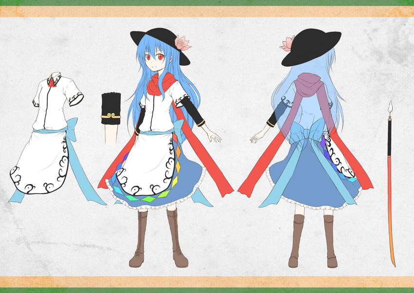 blue_hair boots bow character_sheet flower hat hat_flower highres hinanawi_tenshi judo_fuu long_hair multiple_views red_eyes scarf smile sword_of_hisou touhou turnaround weapon