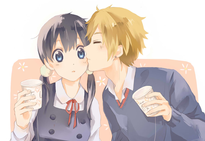 1girl bad_id bad_pixiv_id black_hair blue_eyes brown_hair closed_eyes hetero kiss kitashirakawa_tamako long_hair ooji_mochizou school_uniform short_hair string_phone tamako_love_story tamako_market twintails wenlu_an