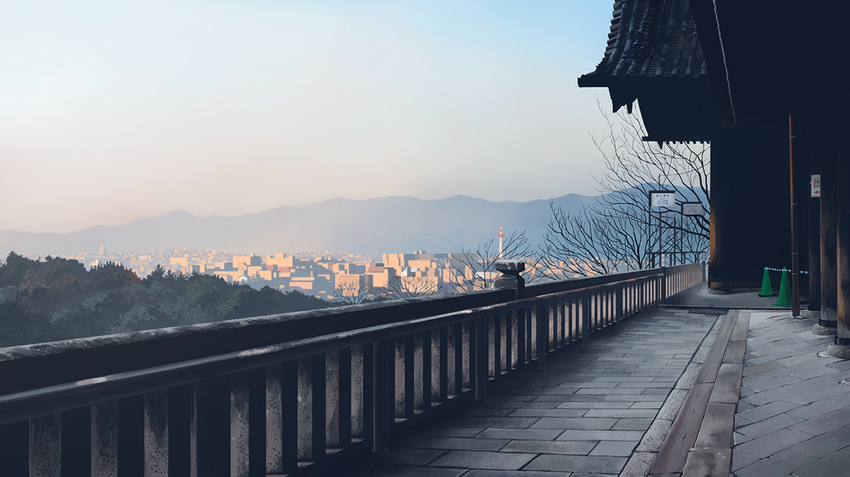 cityscape commentary day east_asian_architecture forest kusakabe_(kusakabeworks) kyoto kyoto_tower landmark making_of nature no_humans original photorealistic real_world_location scenery sky traffic_cone