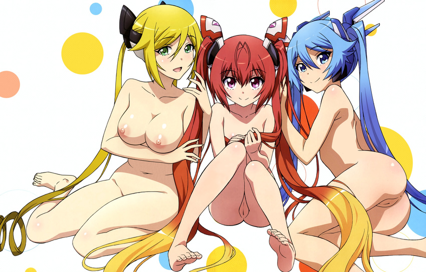 anus ass barefoot blonde_hair blue_eyes blue_hair blush breasts feet female flat_chest genderswap gradient_hair green_eyes hair_ornament highres holding long_hair mitsuka_souji morita_kazuaki multicolored_hair multiple_girls nipples nude nude_filter official_art ore_twintail_ni_narimasu photoshop pink_eyes pussy red_hair shindou_erina sitting small_breasts tail_blue tail_red tail_yellow tailblue tailred tailyellow toes tsube_aika twintails uncensored