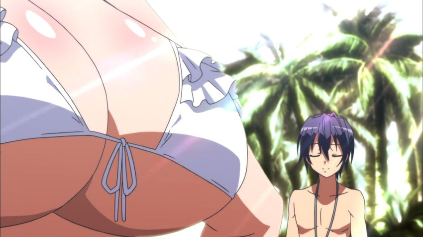 1boy 1girl bikini black_hair breasts eyes_closed frills large_breasts ore_no_nounai_sentakushi_ga_gakuen_love-comedy_wo_senryoku_de_jama_shiteru peaceful reikadou_ayame screencap short_hair smile swimsuit white_bikini white_swimsuit