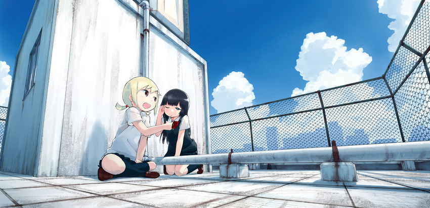 black_hair blonde_hair blue_eyes blue_sky brown_eyes building city cloud day drinking drinking_straw fence good_end hand_in_hair highres indian_style kneeling mizu_asato multiple_girls one_eye_closed open_mouth original pipe rooftop school_uniform shirt sitting skirt sky skyline smile vest window wire_fence