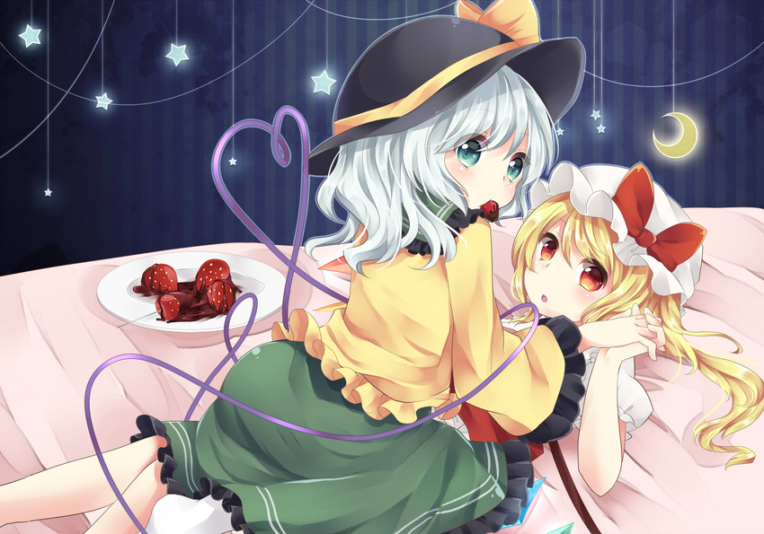 aqua_eyes blonde_hair chocolate_syrup crescent flandre_scarlet food fruit girl_on_top hat hat_ribbon heart heart_of_string holding_hands interlocked_fingers komeiji_koishi long_sleeves looking_at_viewer lying mob_cap mouth_hold multiple_girls on_back open_mouth plate puffy_short_sleeves puffy_sleeves red_eyes ribbon shirt short_sleeves side_ponytail silver_hair skirt star strawberry touhou wide_sleeves wings yuri yuria_(kittyluv)
