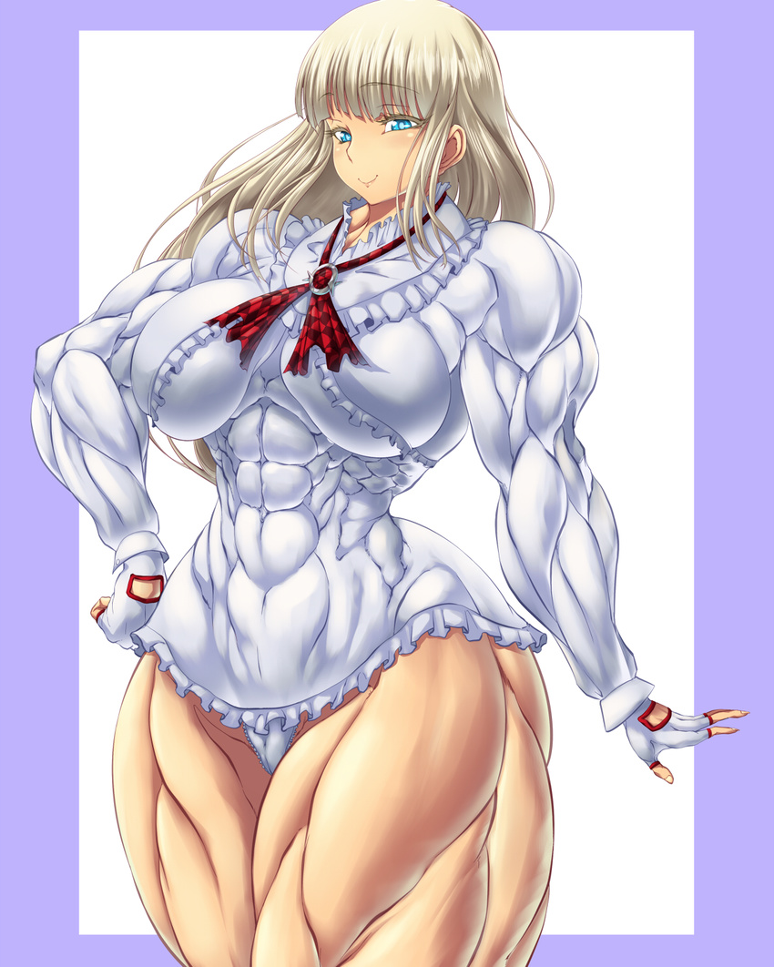 abs blonde_hair blue_eyes emilie_de_rochefort extreme_muscles fingerless_gloves gloves highres licking_lips lili_(tekken) muscle purukogi_(plasma_beach) solo tekken thick_thighs thighs tongue_out