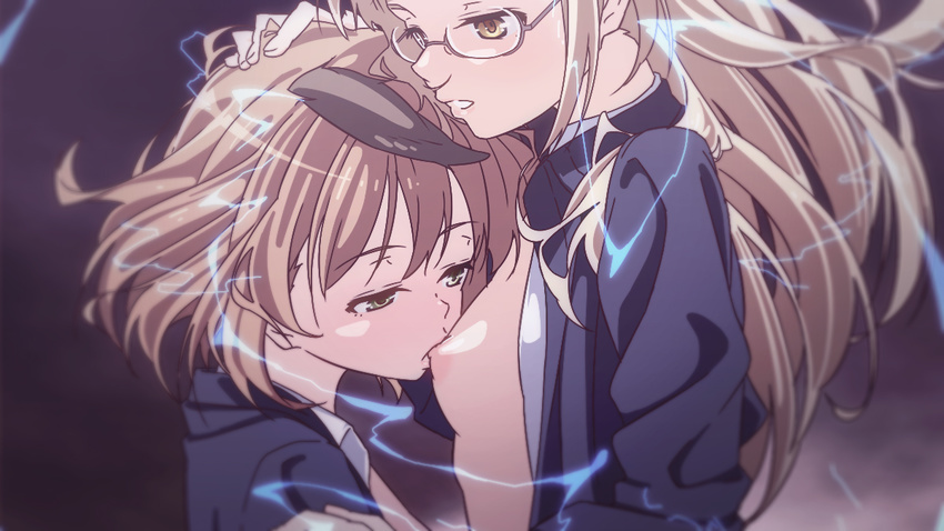 amelie_planchard animal_ears blonde_hair boko_(maniacpurple) breast_sucking breasts glasses hand_on_another's_head long_hair multiple_girls nipples open_clothes open_shirt perrine_h_clostermann shirt short_hair small_breasts strike_witches upper_body world_witches_series yuri
