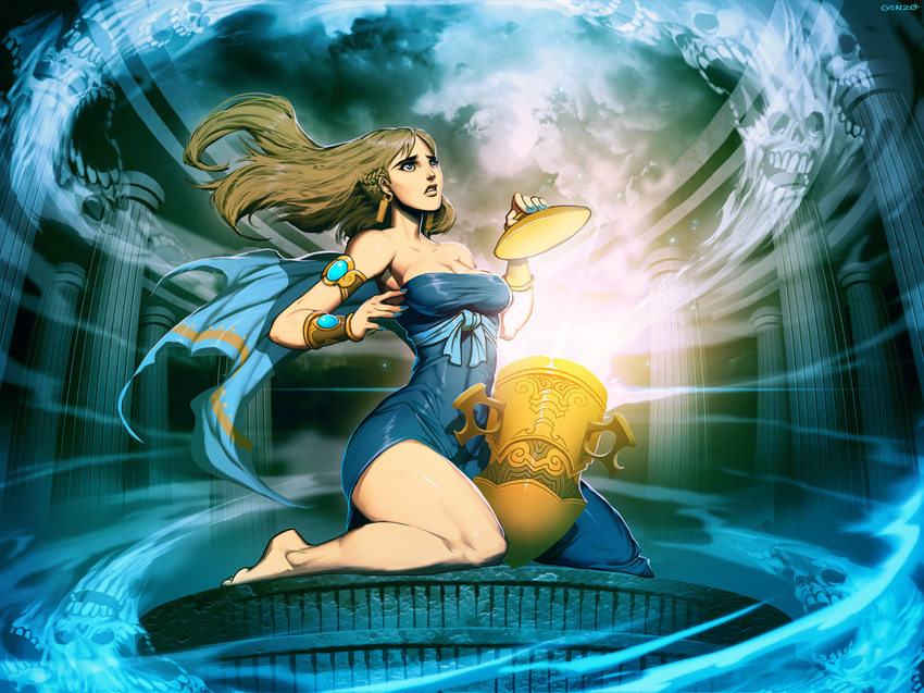armlet bare_shoulders barefoot blue_dress blue_eyes blue_nails bracer braid breasts brown_hair cleavage commentary commentary_typo container dress earrings english_commentary full_body genzoman ghost greek_mythology jewelry kneeling large_breasts long_hair nail_polish pandora_(mythology) parted_lips pillar sash side_slit signature solo strapless strapless_dress taut_clothes taut_dress thighs wind