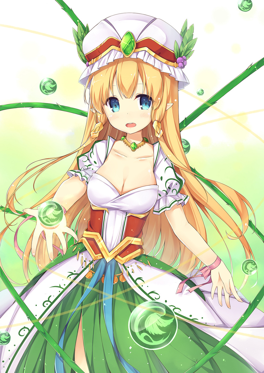 :d amemiya_ruki blonde_hair blue_eyes breasts cleavage collarbone freyja_(p&amp;d) hair_ornament hat highres long_hair looking_at_viewer medium_breasts mob_cap open_mouth pointy_ears puzzle_&amp;_dragons smile solo