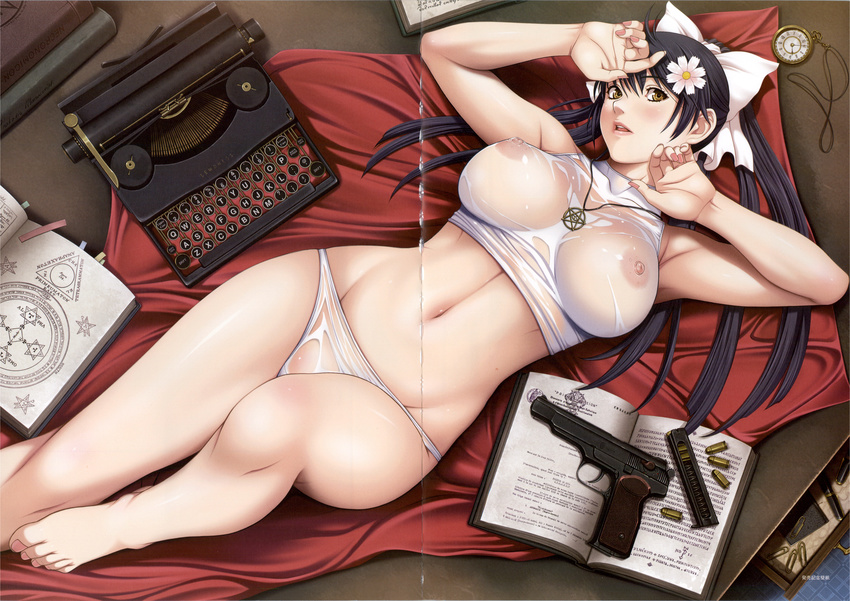 absurdres areolae arms_up bangs barefoot book bow breasts bullet crease empress_(studio) feet flower from_above gun hair_bow hair_flower hair_ornament hair_ribbon highres himeno_yuria impossible_clothes indoors large_breasts legs lewdness long_hair looking_at_viewer lying navel nipples on_back on_table panties pendant pentagram pistol ponytail ribbon see-through sei_shoujo shaved_pussy solo stechkin_aps table thighs toes typewriter underwear watch weapon wet yellow_eyes