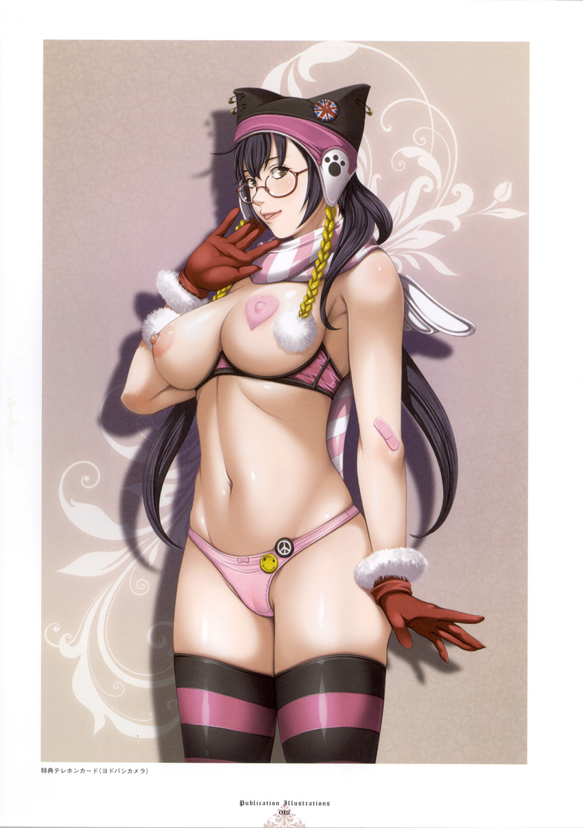 1girl :p absurdres areolae bandaid bangs bespectacled blush bow bow_panties breasts cameltoe empress_(studio) glasses gloves hat heart_pasties highres himeno_yuria large_breasts legs lewdness long_hair navel nipples official_art one_pasty panties pasties peace_symbol pink_panties purple_eyes purple_hair sei_shoujo shadow simple_background smile smiley solo standing striped striped_legwear thighhighs thighs underwear union_jack