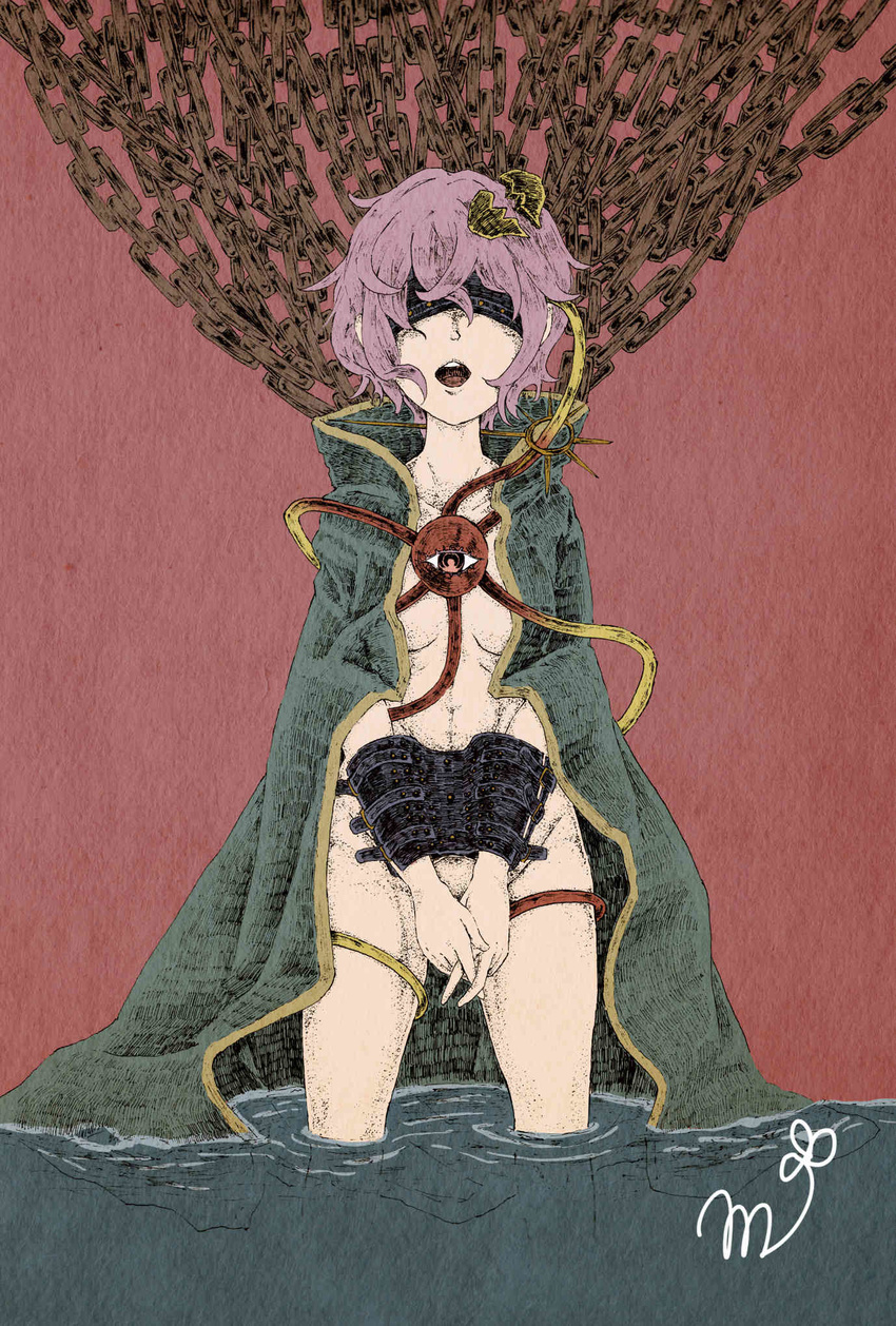 bad_id bad_pixiv_id bdsm blindfold breasts broken_heart chain collarbone covering covering_crotch cuffs eyeball facing_viewer groin hands_clasped highres interlocked_fingers komeiji_satori medium_breasts messy_hair mitsubaseri naked_cloak open_mouth own_hands_together pink_background purple_hair shackles short_hair signature solo standing third_eye touhou wading water