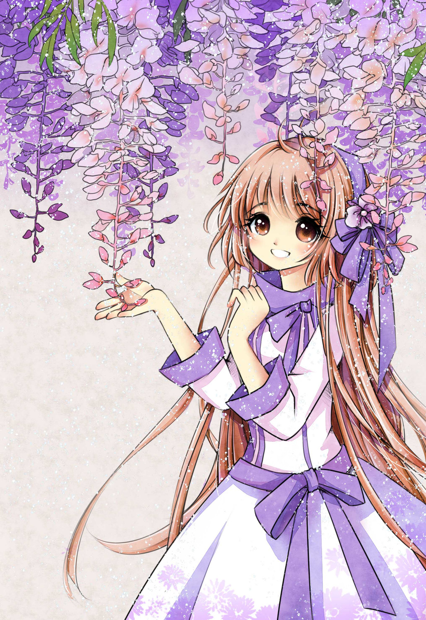 :d absurdres airbrush_(medium) antenna_hair bangs blunt_bangs brown_eyes brown_hair dress flower gown hairband hanato_kobato highres hime_cut kobato. latealatea leaf long_hair long_sleeves official_style open_mouth ribbon smile traditional_media turtleneck very_long_hair white_dress wisteria