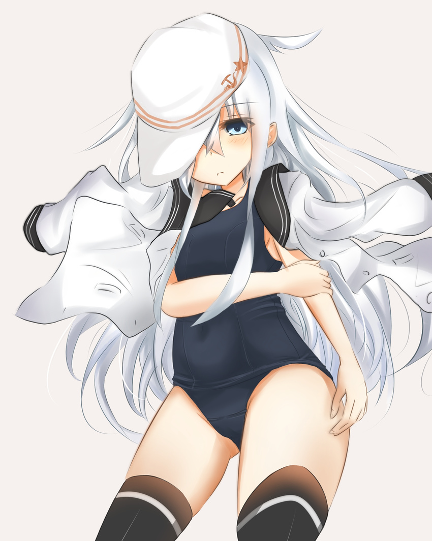 black_legwear blue_eyes blush covered_navel cowboy_shot eve_(kenzen) hat_over_one_eye hibiki_(kantai_collection) highres kantai_collection long_hair looking_at_viewer one-piece_swimsuit open_clothes open_shirt school_swimsuit school_uniform serafuku shirt shirt_on_shoulders solo swimsuit thighhighs verniy_(kantai_collection) white_hair