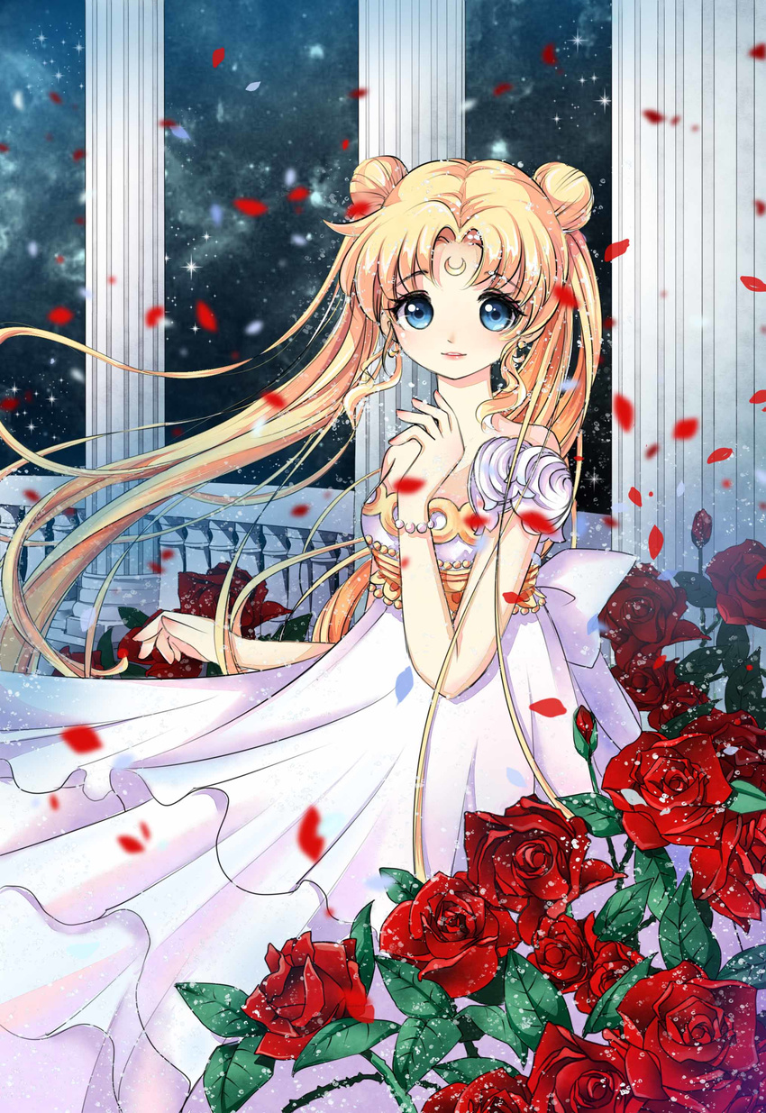 absurdres airbrush_(medium) back_bow bangs bishoujo_senshi_sailor_moon blonde_hair blue_eyes blurry bow depth_of_field detached_sleeves double_bun dress facial_mark floating_hair flower forehead_mark highres jewelry latealatea leaf long_hair looking_at_viewer open_mouth parted_bangs parted_lips pearl petals pillar princess_serenity red_flower red_rose rose rose_petals short_sleeves smile solo sparkle strapless strapless_dress tsukino_usagi twintails very_long_hair white_dress