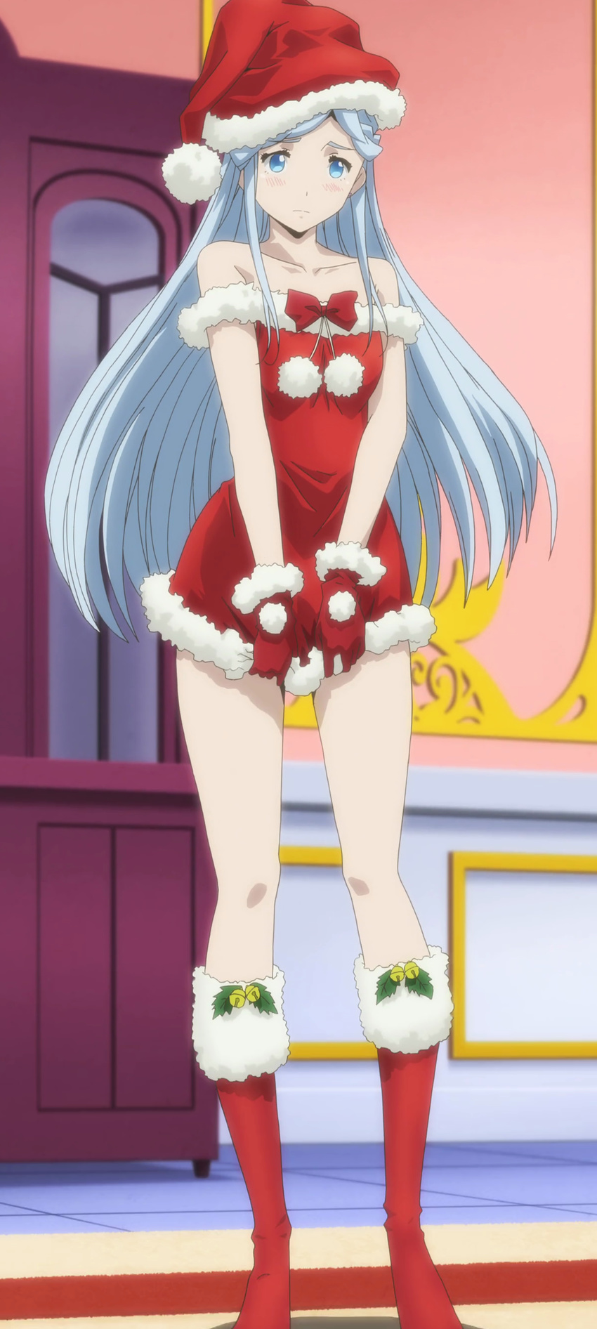 blue_eyes blush christmas hat log_horizon reinesia_el_arte_cowen santa_costume santa_hat screencap silver_hair