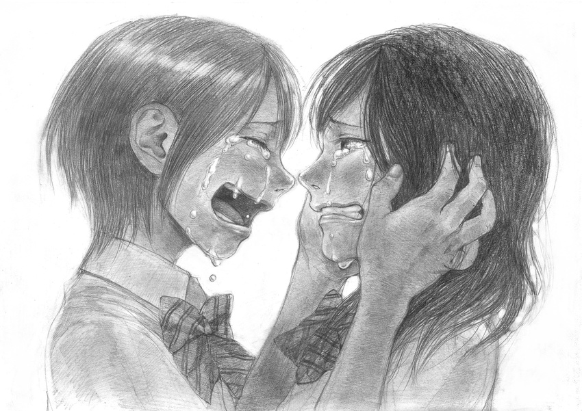 bad_id bad_pixiv_id clenched_teeth commentary crying crying_with_eyes_open graphite_(medium) greyscale highres hoshizora_rin kobuushi long_hair love_live! love_live!_school_idol_project monochrome multiple_girls nishikino_maki open_mouth otonokizaka_school_uniform school_uniform short_hair streaming_tears tears teeth traditional_media