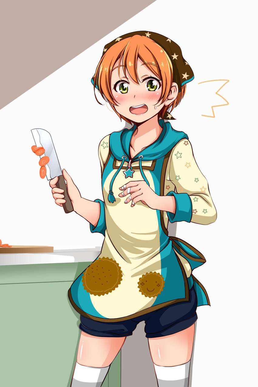 1girl apron bandages bandana blush carrot caught cutting_board head_scarf highres hood hoshino_ouka hoshizora_rin knife looking_at_viewer love_live! love_live!_school_idol_project open_mouth orange_hair short_hair shorts solo sweatdrop thighhighs white_legwear yellow_eyes