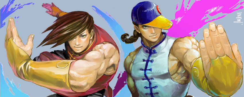 baseball_cap black_hair braid bridal_gauntlets brothers brown_hair chinese_clothes fighting_stance hair_over_one_eye hat hat_over_one_eye hymc long_hair multiple_boys muscle siblings single_braid sleeveless street_fighter street_fighter_iii_(series) twins yang_lee yun_lee